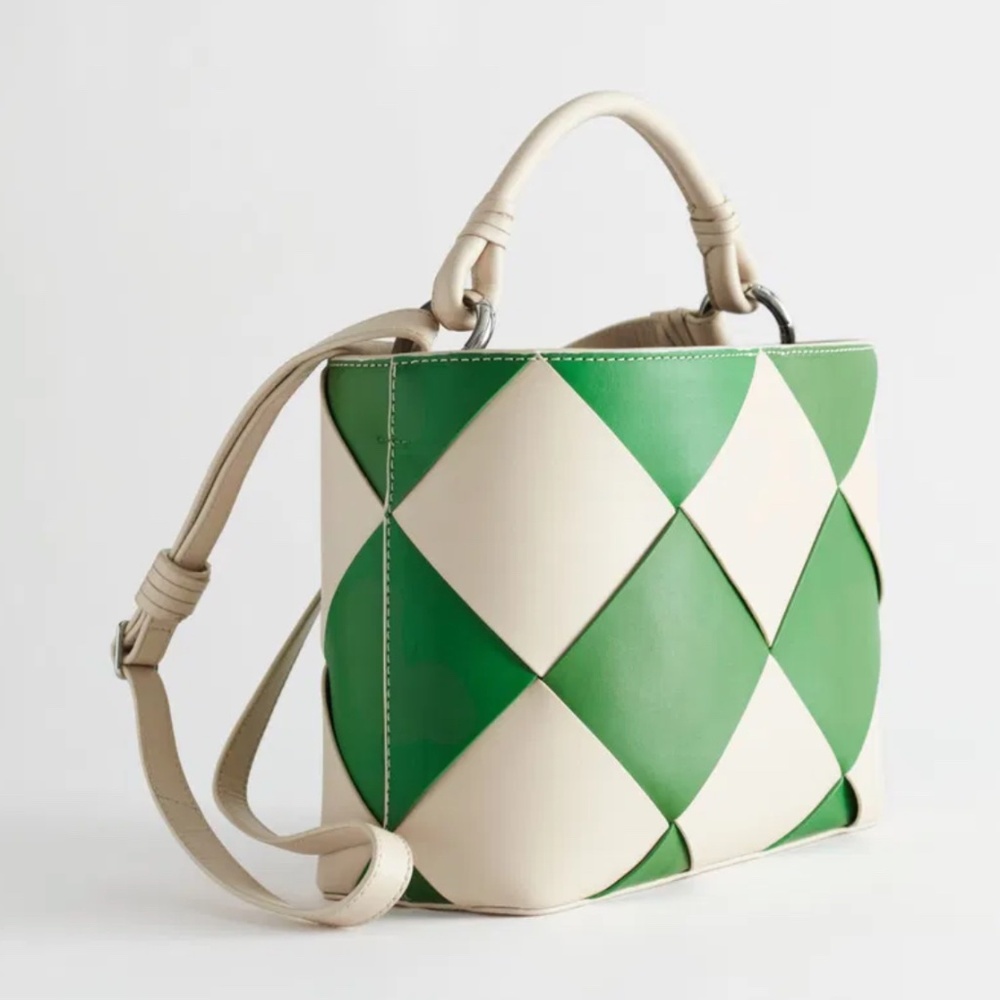 & other stories green and cream braided leather bucket bag